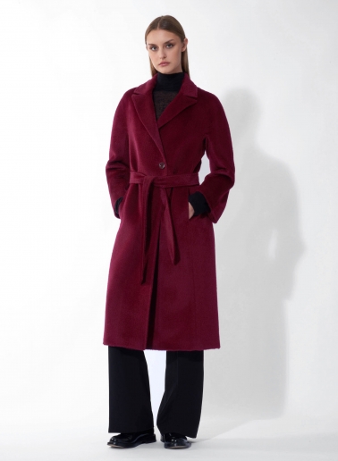 Maxi belted burgundy alpaca and wool wrap coat