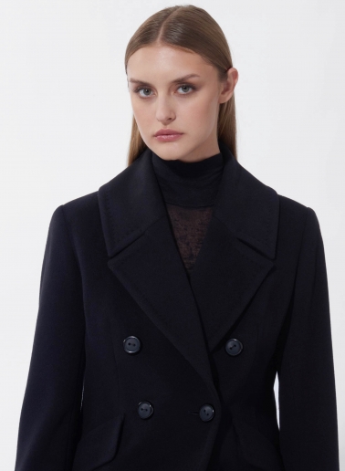 Maxi cappotto redingote nero doppio petto in pura lana