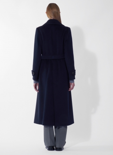 Maxi trench blu in pura lana con cintura