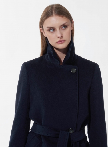 Maxi trench blu in pura lana con cintura