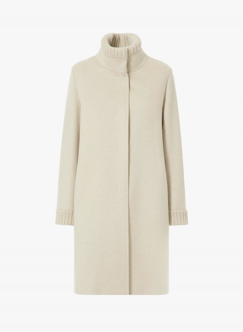 Beige pure zibeline wool coat with knitted inserts