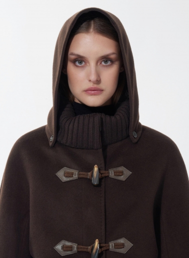 Brown pure wool parka with hood and buckles