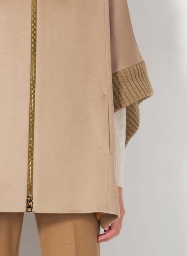 Zipped light camel pure zibeline wool cape