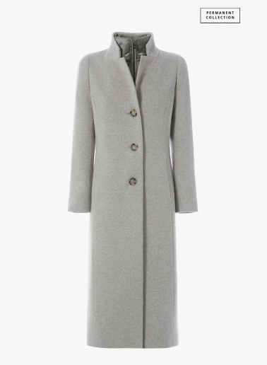 Maxi cappotto grigio chiaro in lana con pettorina in nylon staccabile