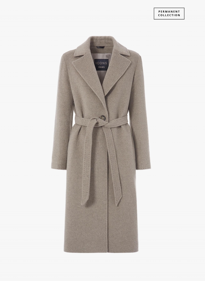 Cappotto beige con cintura in lana linea aderente