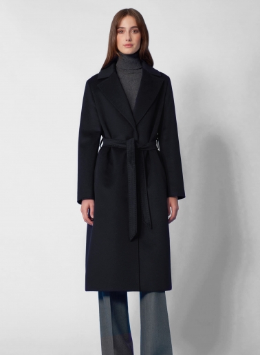 Cappotto blu con cintura in puro cashmere linea aderente