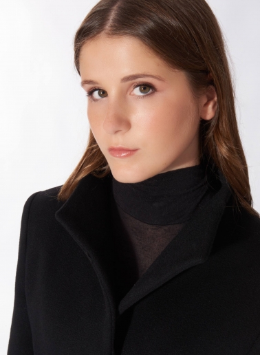 Black pure cashmere coat with high stand up collar