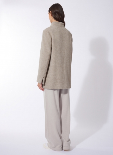 Short beige wool and alpaca coat with high stand up collar
