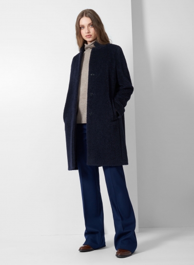 Cappotto blu in lana e alpaca con collo a rever rovesciato