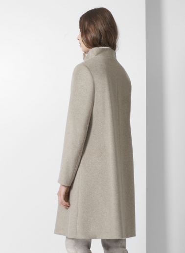 Flared dark beige pure cashmere coat with high stand up collar