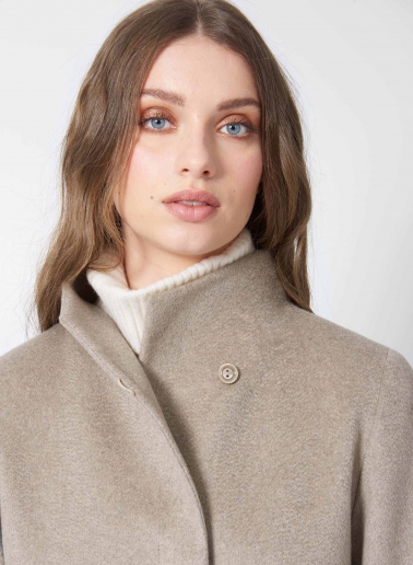 Flared dark beige pure cashmere coat with high stand up collar