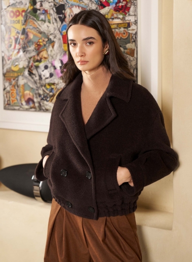 Brown double breasted alpaca and wool bomber jacket with padding