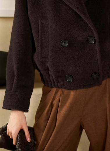 Brown double breasted alpaca and wool bomber jacket with padding