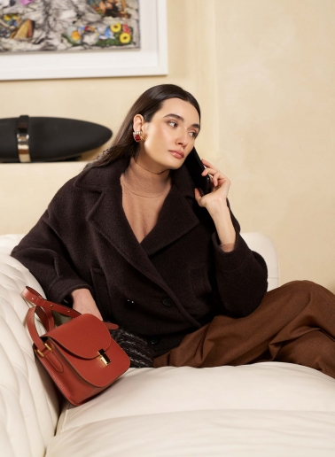 Bomber marrone doppio petto in alpaca e lana con imbottitura