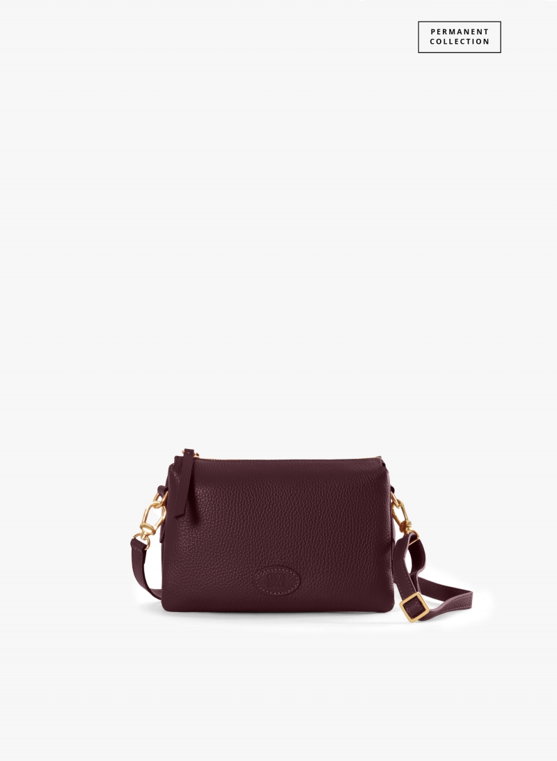 Burgundy genuine leather crossbody bag with three compartments