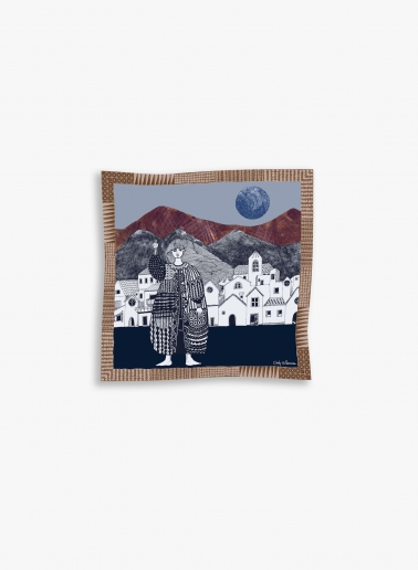 Small brown twill silk scarf with woman and a landscape