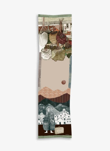 Foulard in twill di seta beige con donna e paesaggio