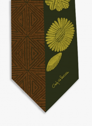 Fascia in twill di seta verde con fantasia geometrica e foglie