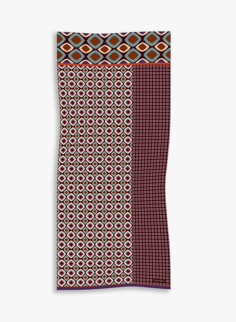 Maxi sciarpa in lana e seta bordeaux con fantasia geometrica