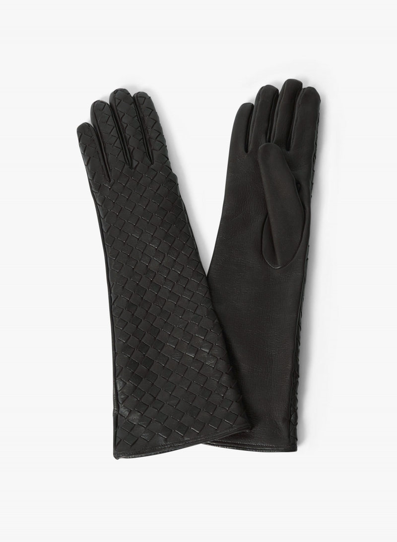 Long black nappa leather gloves with woven design