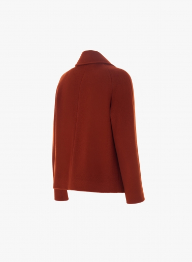 Cappotto corto color terracotta in pura lana con collo a camicia e patta stile trench