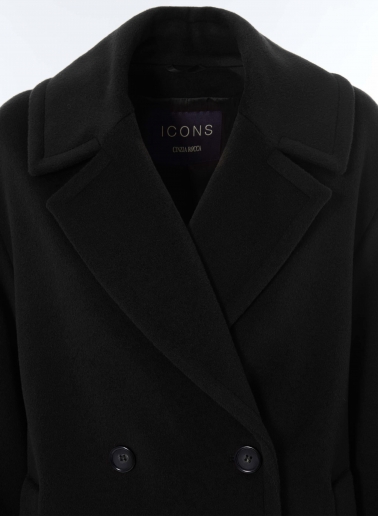 Black double breasted pure wool coat with maxi notch collar