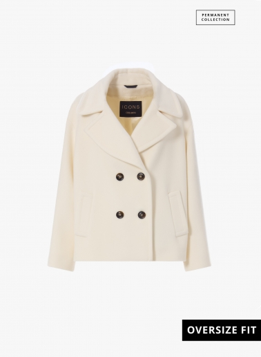 Cappotto corto oversize bianco doppio petto in pura lana con maxi rever