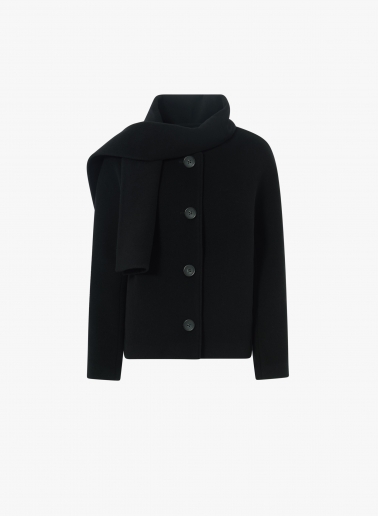 Cappotto corto nero in lana con sciarpa rimovibile