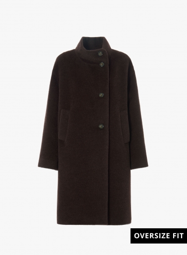 Brown alpaca and wool coat with high asymmetrical collar