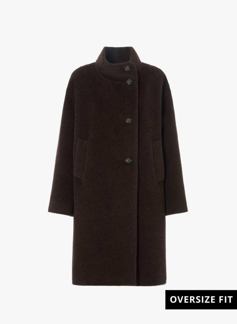 Brown alpaca and wool coat with high asymmetrical collar