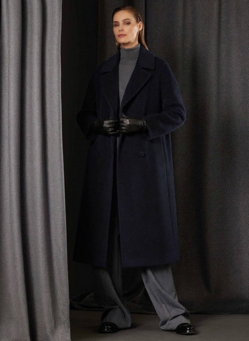 Zweireiher Langermantel aus Alpaka und Wolle in Blau