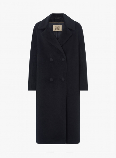 Long double breasted blue coat in alpaca and wool