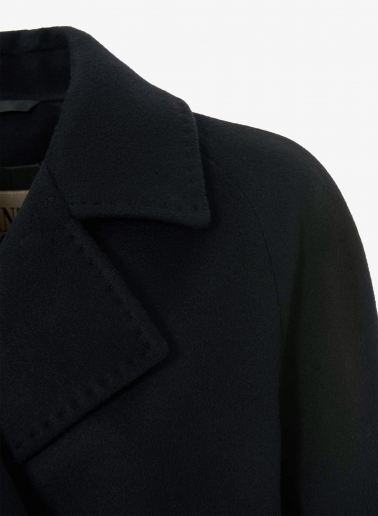 Black pure wool short coat with shirt collar and trench style flap
