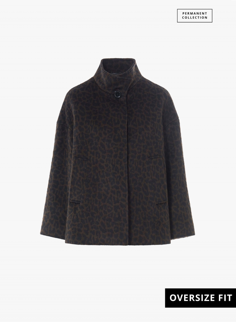 Short flared brown coat with high collar and animal pattern