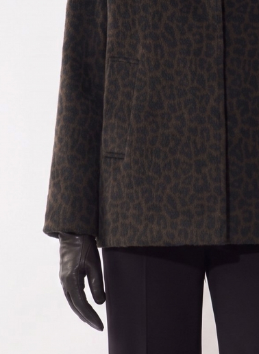 Short flared brown coat with high collar and animal pattern