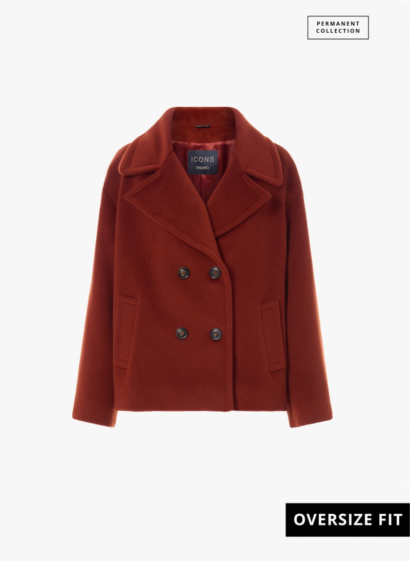 Short oversized terracotta coat in pure wool with maxi notch collar