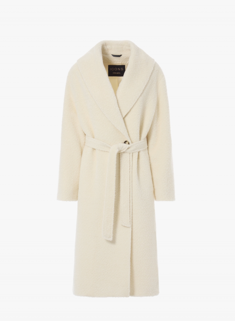 Maxi white alpaca and wool coat with belt and shawl collar