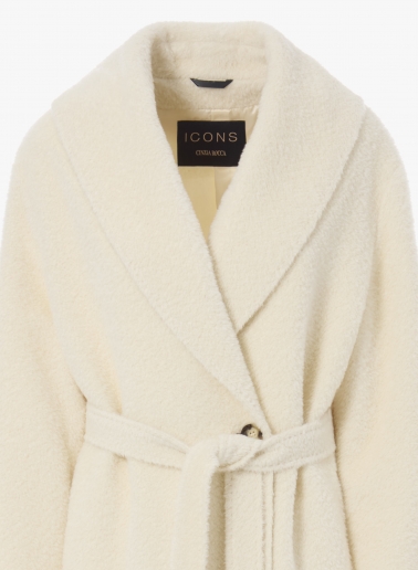 Cappotto bianco in alpaca e lana con cintura e collo a scialle