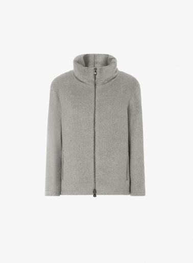 Kurzmantel aus Alpaka und Wolle mit Lurex-Mikromuster in Grau