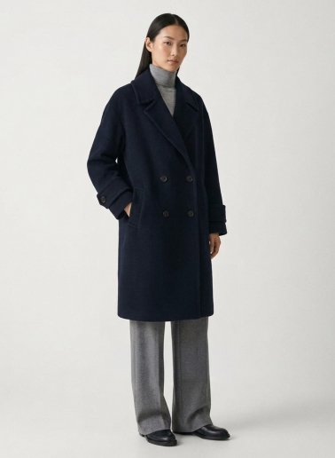 Cappotto blu doppio petto in pura lana con maxi rever