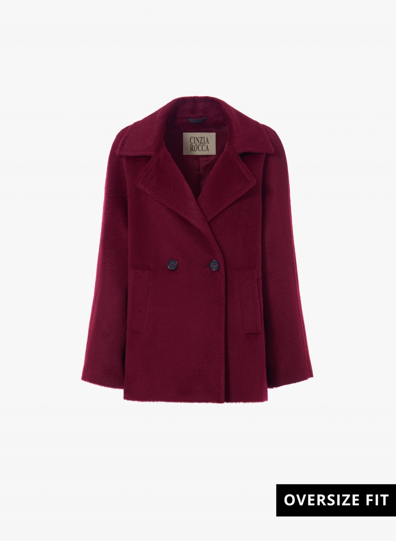 Cappotto corto bordeaux in alpaca e lana lana con maxi rever doppio uso
