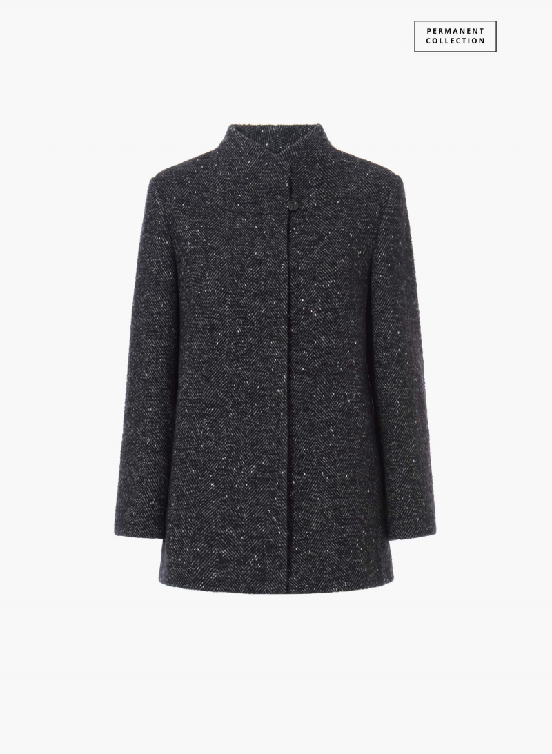 Cappotto corto nero con collo alto in micro fantasia lurex