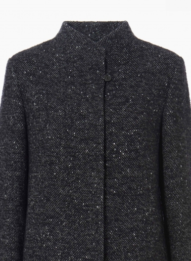 Short black coat with lurex micro pattern and high stand up collar