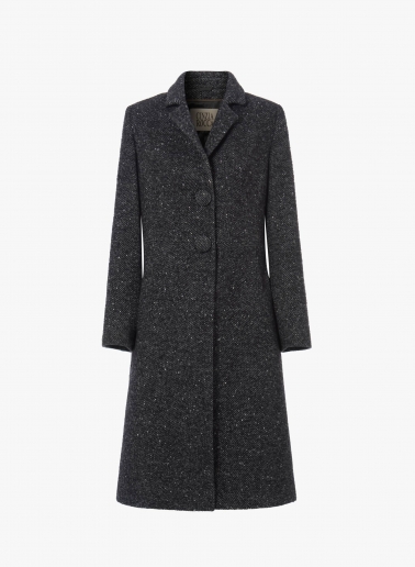 Long single breasted black frock coat with lurex micro pattern