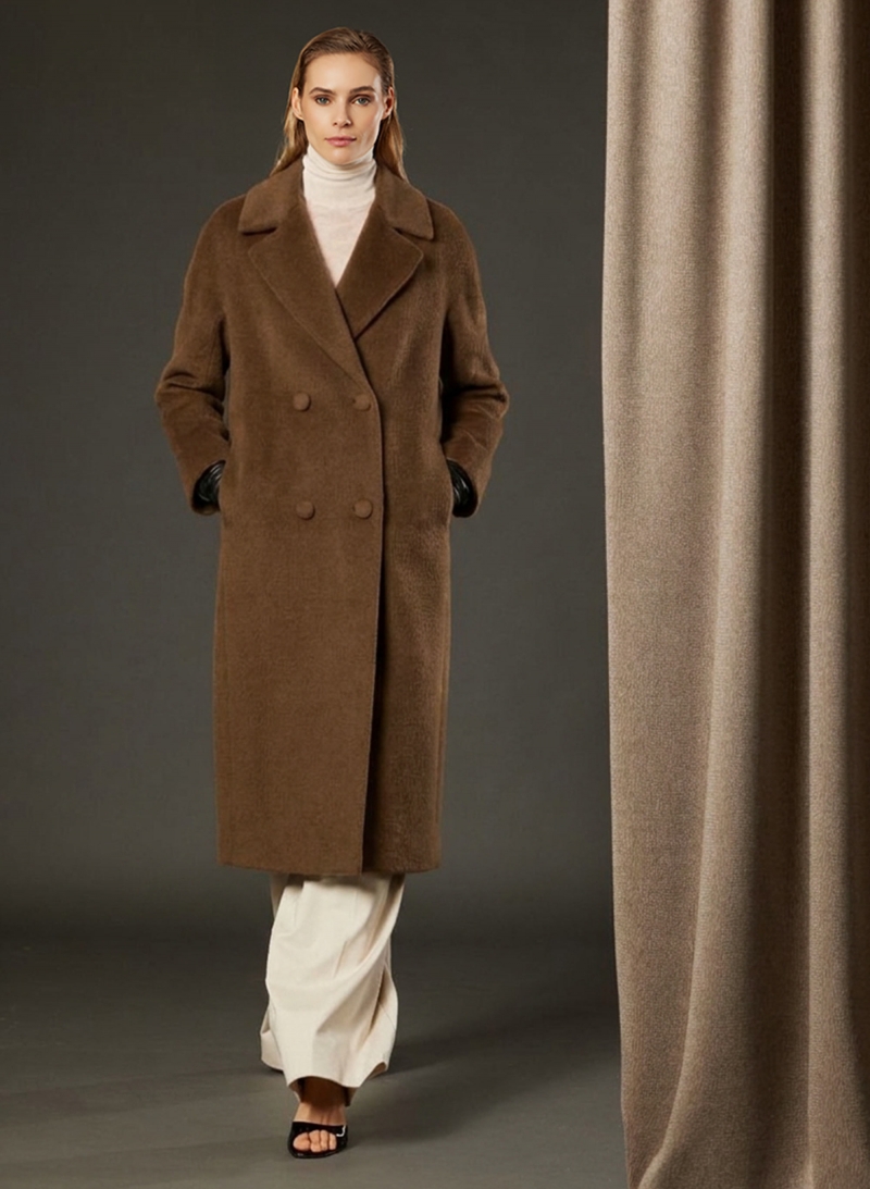 Cappotto lungo tabacco doppio petto in alpaca e lana