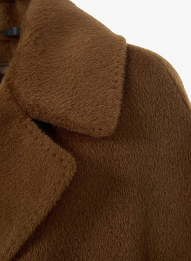Long double breasted tobacco colour coat in alpaca and wool