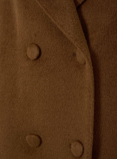 Long double breasted tobacco colour coat in alpaca and wool