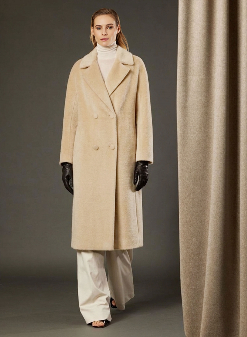 Cappotto lungo cammello chiaro doppio petto in alpaca e lana