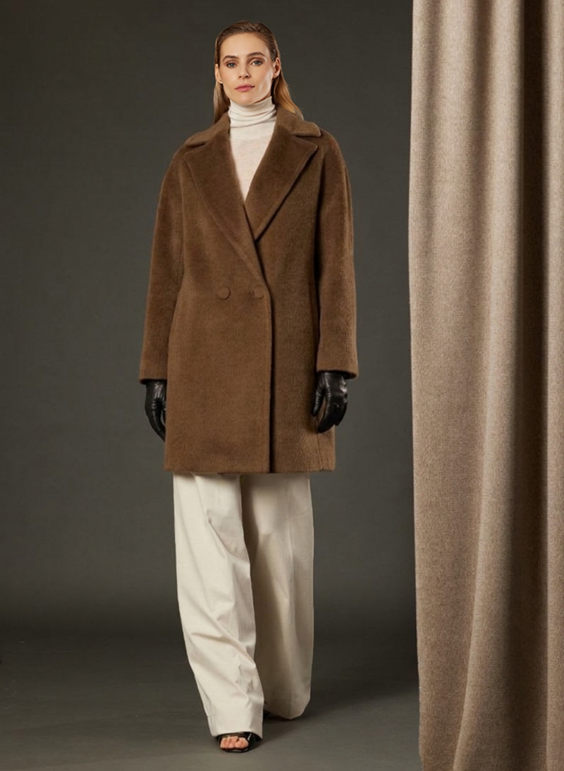 Tobacco colour double breasted coat in alpaca and wool