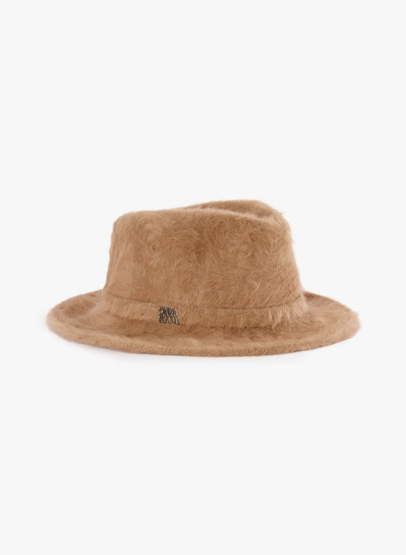 Cappello fedora cammello in lana effetto pelliccia